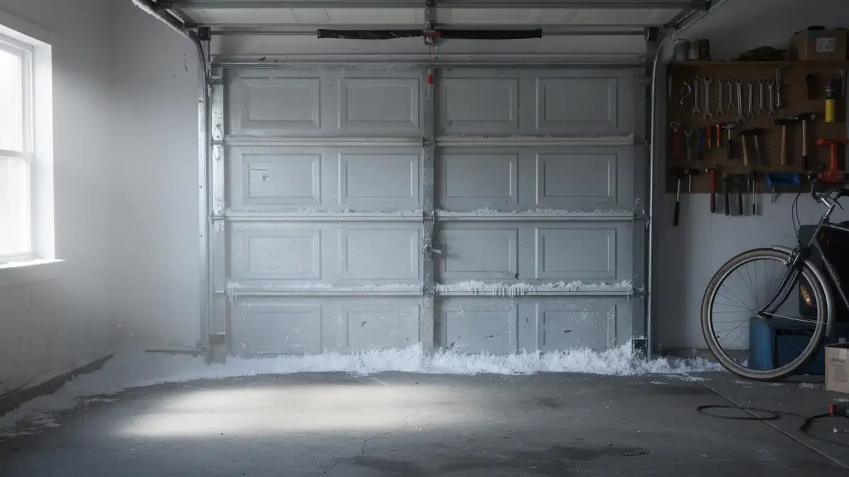 A closed garage door with snow and ice on the bottom panels and floor.