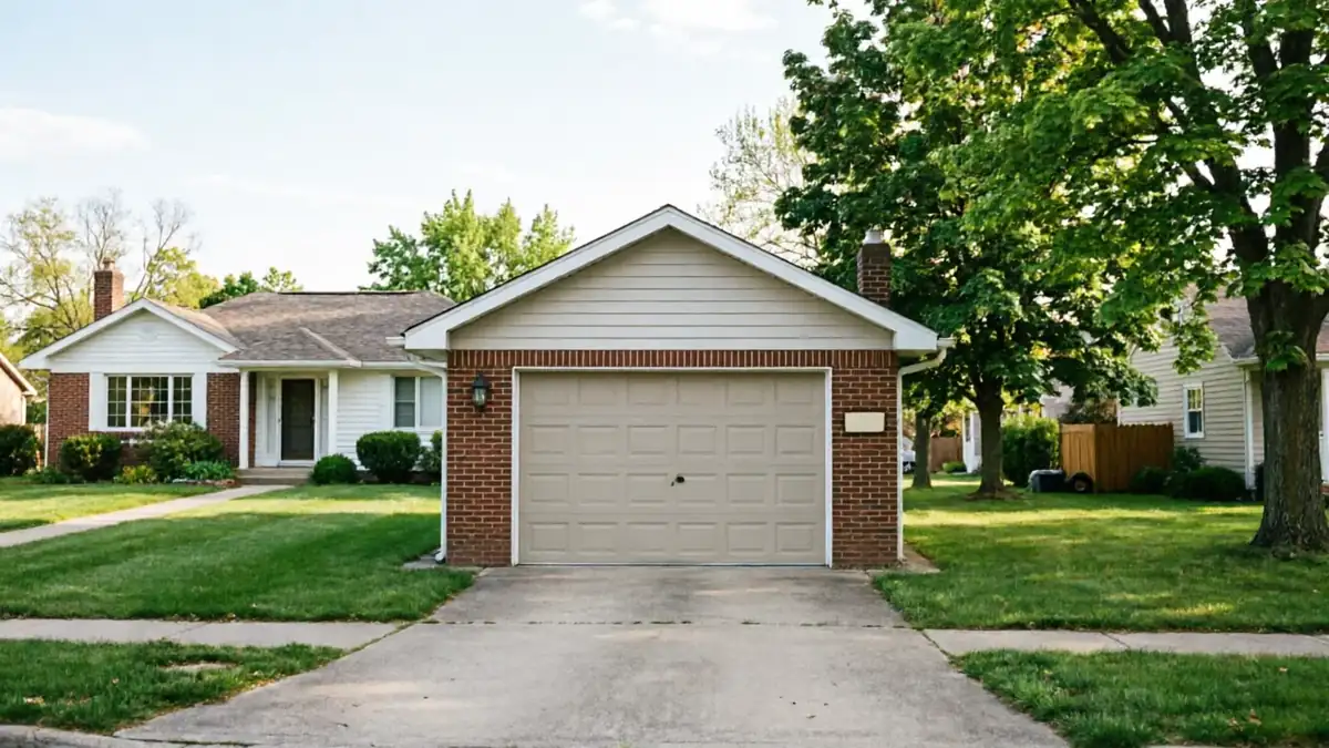 A beige garage door is on a brick garage attached to a white house.