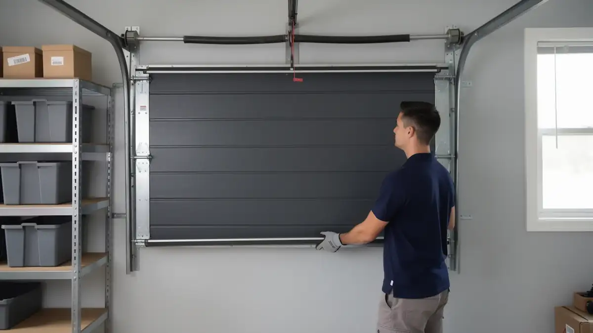 A technician in a blue shirt and gloves is installing a dark gray garage door.